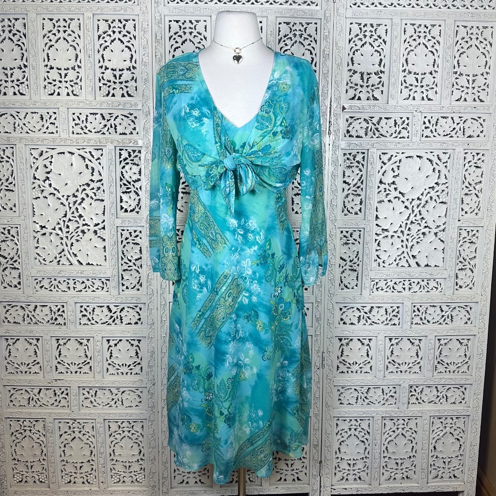 Vintage‎ Dressbarn Blue & Green Floral Shimmer Y2K Style Dress & Cardigan Set